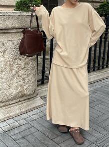 INAWLY Bộ 2 món cỡ lớn: Áo và chân váy màu trơn, trang phục thường ngày cho mùa thu và đông - Màu Mù tạt vàng - Xem 1