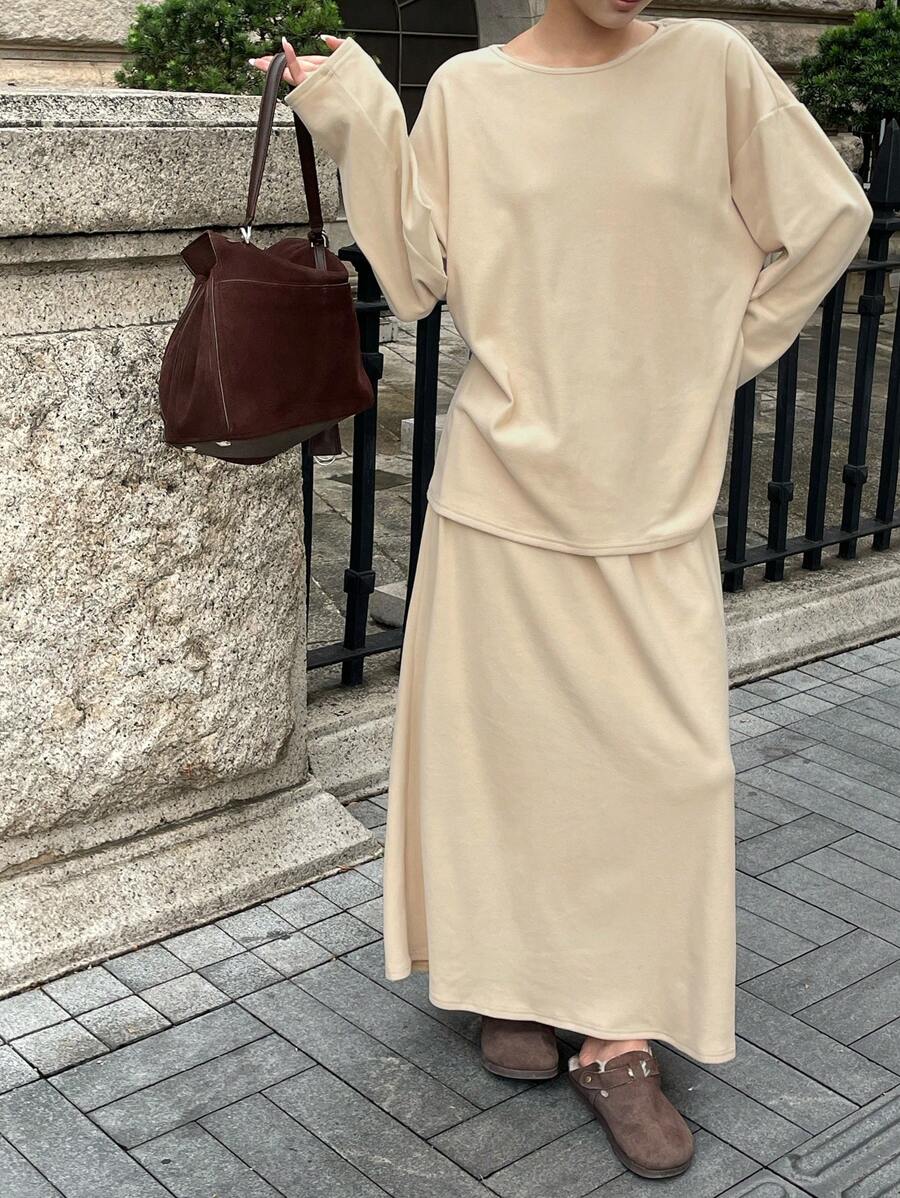 INAWLY Bộ 2 món cỡ lớn: Áo và chân váy màu trơn, trang phục thường ngày cho mùa thu và đông - Màu Mù tạt vàng - Xem 1