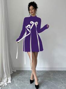 Selianne 1件女士蝴蝶结腰针织毛衣裙 - 紫色 - 查看 4