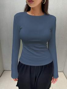 DAZY 女款秋冬休閒保暖內裡加厚多功能修身長袖T恤 - 霧霾藍 - 查看 5
