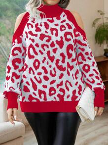 Calvaya Plus Size Leopard Print Jacquard Open Shoulder Sweater, Suitable For Autumn/Winter For New Year Knit Pullover Fall - Red - View 5