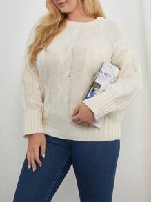 SHEIN Cottnline Áo len dệt kim sợi cáp siêu mềm chất lượng cao cỡ lớn, dành cho mùa đông - Màu be - Xem 5