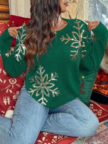 Calvaya Plus Size Women's Casual Sequined Snowflake Pattern Round Neck Pullover Sweater, Stylish & Slimming, Suitable For Autumn/Winter/Christmas Knit Pullover Fall - Green - View 5