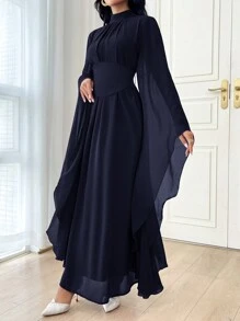 Modelyn 女士休闲时尚阿拉伯风格朴素长袖连衣裙适合日常穿着长款晚礼服 - 藏蓝色 - 查看 3