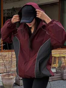 DAZY 1件装女士撞色夹克，休闲时尚，适合日常穿着，秋季女装外套 - 酒紅色 - 查看 3
