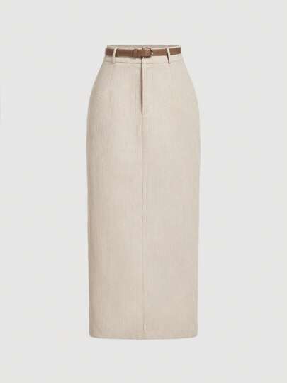 SHEIN MOD 1 件女式灯芯绒杏色紧身铅笔裙，侧开衩，中长裙配腰带，冬季女式裙子，