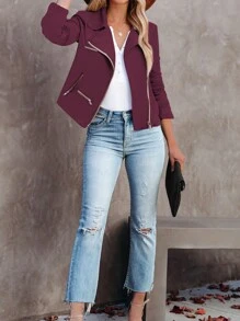 SHEIN Clasi Women's Casual Street Chic Suede Biker Jacket With Multi-Zipper Decor