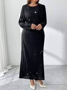 SHEIN Privé 大码优雅休闲简约褶皱纹理面料圆领宽松直筒长袖喇叭闪光黑色连衣裙，适合派对、节日、新年、办公室、亮片 - 黑色 - 查看 4