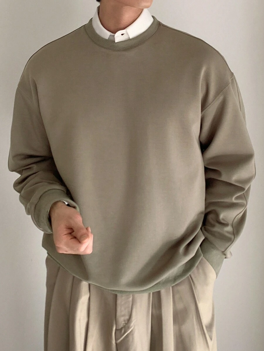 DAZY Jersey de cuello redondo de manga larga casual y holgado de unicolor para hombre, adecuado para otoño/invierno