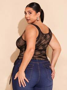 SHEIN BAE Plus Size Wide Strap Tank Top, Bow Decor, Suitable For Women Ladies' Valentine's Day, Summer Holiday Party, Elegant Birthday, Lace, Sexy, Draw String, Ruched Tank Top, Valentine's Day, Carnival, Easter, Beach, Vacation, Back To School Season, Spring/Summer - Black - View 7