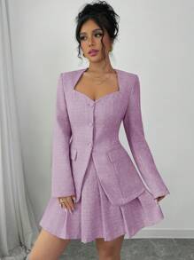 Gloray Women V-Neck Pink Fitted Blazer + Short Pleated Skirt Suit, Autumn Set