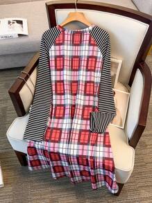 SHEIN LUNE Plus Size Graphic And Striped Print Round Neck Casual Versatile Long Sleeve Dress Fall Cloth For Women - Multicolor - View 2