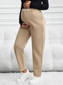 SHEIN Maternity Casual Basic Khaki Denim Tapered Leg Pants, Jeans - Khaki - View 1