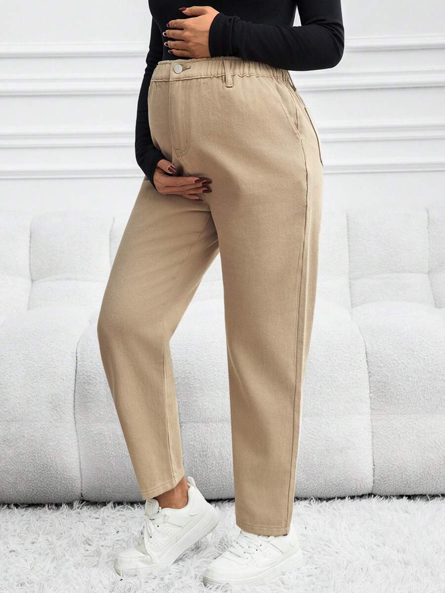 SHEIN Maternity Casual Basic Khaki Denim Tapered Leg Pants, Jeans - Khaki - View 1