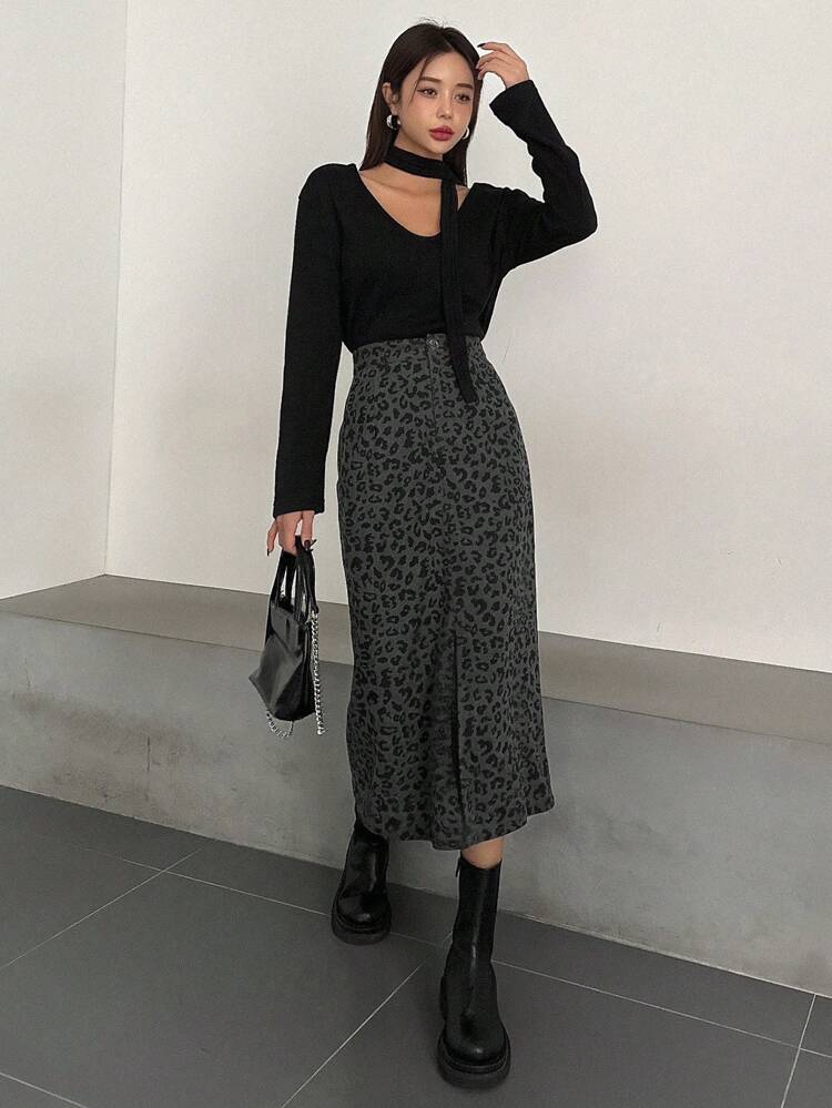 Women Leopard Print Front Split Skirt, Casual For Autumn,Back To School Clothes