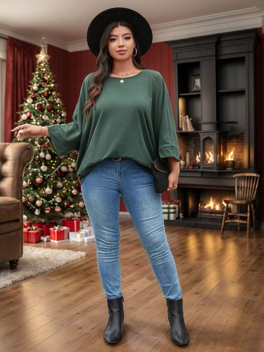 SHEIN LUNE 大码圆领宽松长袖T恤，休闲日常穿着，秋季圣诞节新年女式绿色假日 - 綠色 - 查看 1