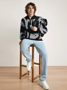 EURMUSE Men Graphic Pattern High Neck Half Zipper Sweater - Dark Grey - View 6