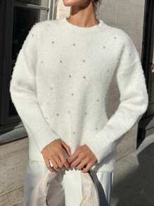 EURMUSE Pulover cu mânecă lungă de pluș, cu decolteu rotund, decorat cu strasuri, de culoare solidă, cu ornamente cu cristale