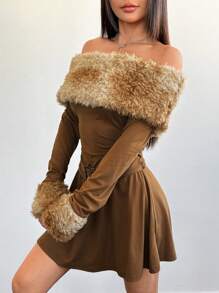 SHEIN Unity Váy trễ vai xếp ly lông cừu Teddy Gradient giản dị cho nữ (Cắt tỉa lông ngẫu nhiên) cho mùa thu/đông - Cà phê - Xem 6
