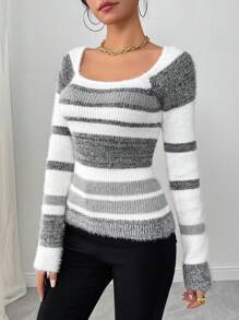 Calvaya Jersey de cuello redondo de estilo minimalista a rayas, para uso diario, con mangas largas