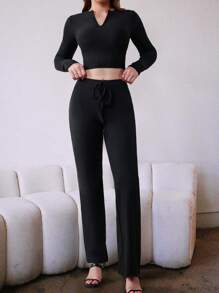 INAWLY 2pcs/Set Women Plain Button Decor Round Neck Long Sleeve Top And Pants Casual Outfit Fall Cloth For Women - Black - View 4