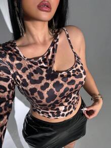Viva Relle Camiseta ajustada con un hombro descubierto, de estampado de leopardo y recorte asimétrico, para mujeres de talla grande, con estampado de guepardo gráfico - Multicolor - Ver 2