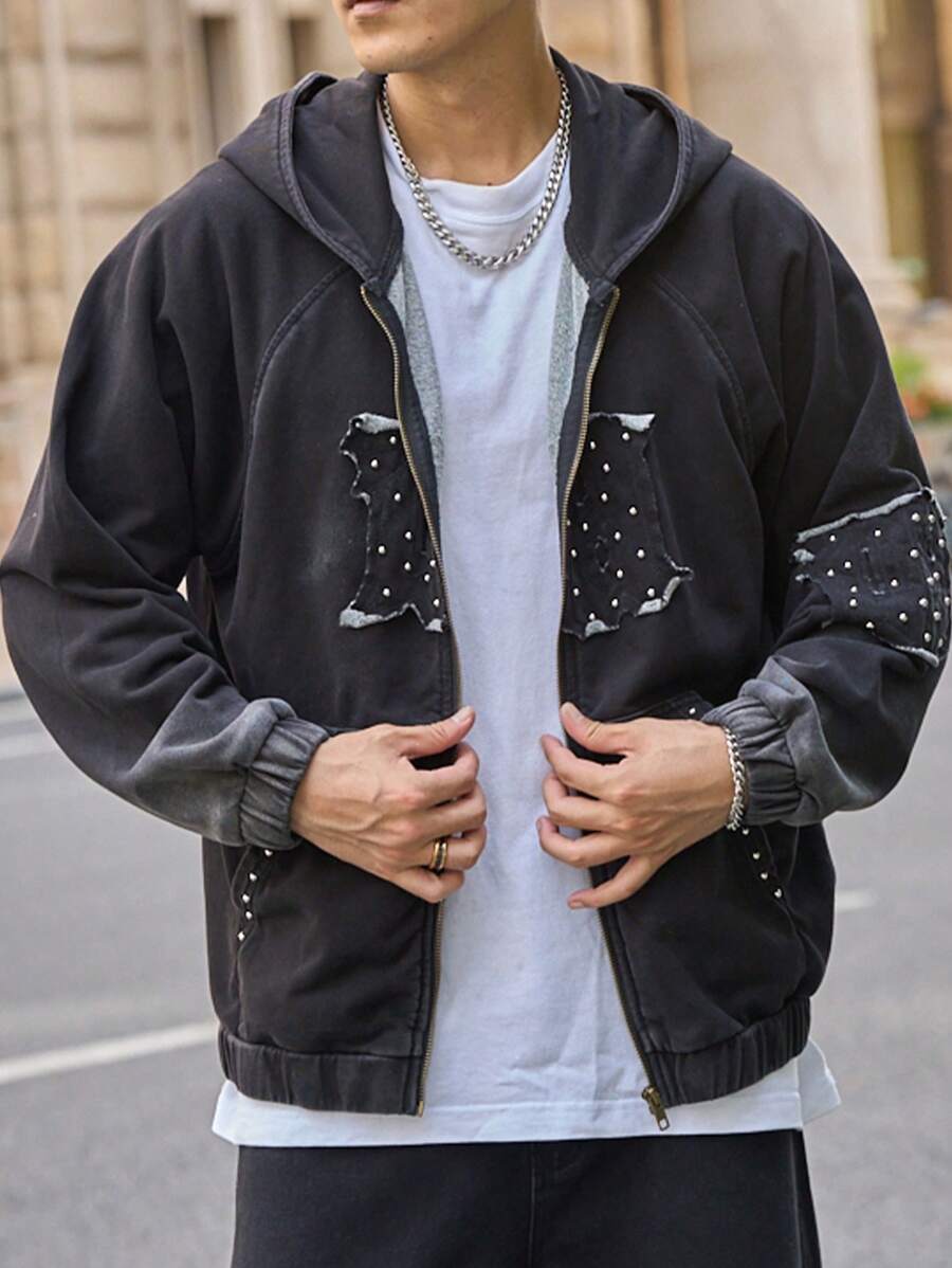 Claim Dot Áo khoác denim được giặt thông thường dành cho nam giới có miếng vá chữ và áo hoodie - màu đen - Xem 1