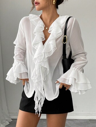 RosyDaze Klassisches einfarbiges Chiffon Laternenhülse V-Ausschnitt Schleife locker sitzende Lässig Bluse/Hemd für Frauen, Herbst