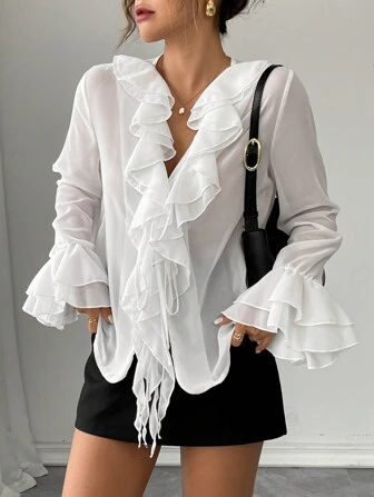 Women Solid Ruffle Front Tie Long Sleeves Sexy Casual Spring Summer Vacation Party Beach Street Top