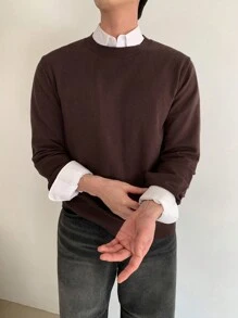 DAZY 1pc Men's Solid Color Round Neck Long Sleeve Casual Sweater, Autumn/Winter - Coffee Brown - View 7