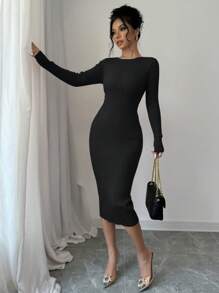 Chiquease Nuevo vestido de punto ceñido para mujer con cuello redondo, manga larga y lazo