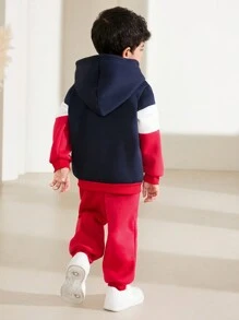 SHEIN 2pcs/Set Boys Casual Colorblock Letter Print Hoodie And Sweatpants Set For Autumn/Winter