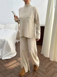 EURMUSE Rib Pattern Pocket Pullover Pant Knit Set - Apricot - View 5