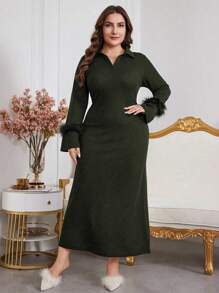 Modelyn 大码优雅毛绒拼接长裙秋冬款，优雅 A 字裙，适合晚会/婚礼嘉宾/周年纪念日，女士服装