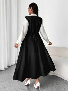 Flirla 全新优雅甜美简约黑色纹理面料拼布泡泡袖复古女式连衣裙，春秋季