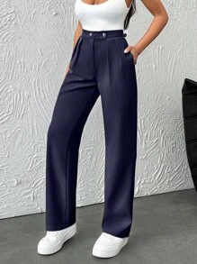 SHEIN Stijlvolle effenkleurige, hoge taille, rechte, geplooide damesbroek met meerdere knoopdetails