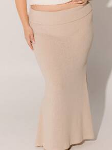 Aralina Curve Ribbed Knit High Waist Bodycon Elegant Winter Maxi Skirt - Camel - View 3