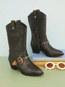 Mini mi 畅销儿童黑色中筒西部靴，配有复古扣环、绿松石装饰、仿旧 PU 材质，俏皮、时尚奢华的外观。 - 黑色 - 查看 2