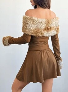 SHEIN Unity Váy trễ vai xếp ly lông cừu Teddy Gradient giản dị cho nữ (Cắt tỉa lông ngẫu nhiên) cho mùa thu/đông - Cà phê - Xem 2