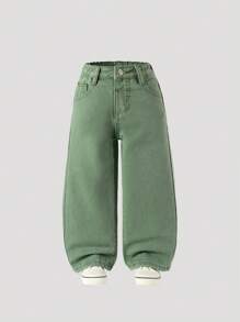 SHEIN Y2K Vintage Inspired Elastic Waist Loose Straight Leg 5-Pocket Jeans, Casual College Style For Young Girls, All-Season Fashion Essential - Green - View 1