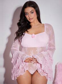 SHEIN SXY Plus Size Women's Solid Cute & Sexy Lace Patchwork Multi-Layer Ruffle Hem Extra Long Flared Sleeve High Slit Bodysuit, Suitable For Date Night, Birthday, Bachelorette Party Outfit, Cute, Casual, Shopping, Streetwear, Going Out, Easy To Match & Looks Slim, Accentuates The Body, Flattering Figure - Pink - View 6