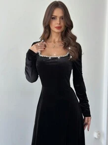 SHEIN Privé Elegant Luxury Romantic Crew Neck Crystal Velvet Long Sleeve A-Line Midi Dress, Suitable For Christmas Ball/Party, Autumn/Winter - Black - View 6