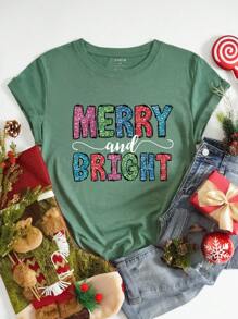 SHEIN LUNE 大码休闲圣诞字母印花短袖 T 恤，适合送礼图案 T 恤女式上衣 - 墨綠色 - 查看 1