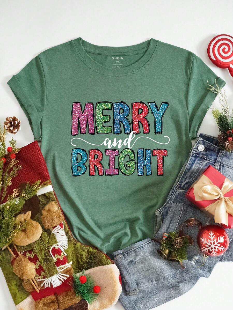 SHEIN LUNE 大码休闲圣诞字母印花短袖 T 恤，适合送礼图案 T 恤女式上衣 - 墨綠色 - 查看 1