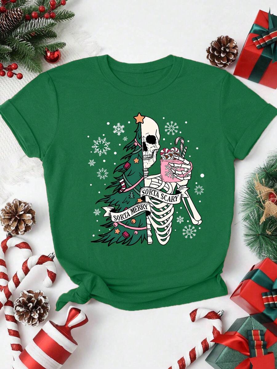 Flirla Áo thun nữ cổ tròn tay ngắn họa tiết bông tuyết và đầu lâu cỡ lớn - Màu xanh lá cây đậm - Xem 1