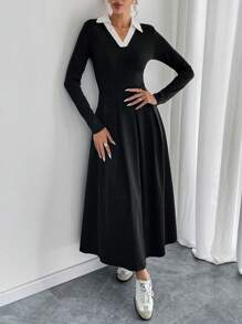 Chiquease 合身 V 领撞色长袖中长连衣裙，优雅腰部设计 - 黑色 - 查看 3
