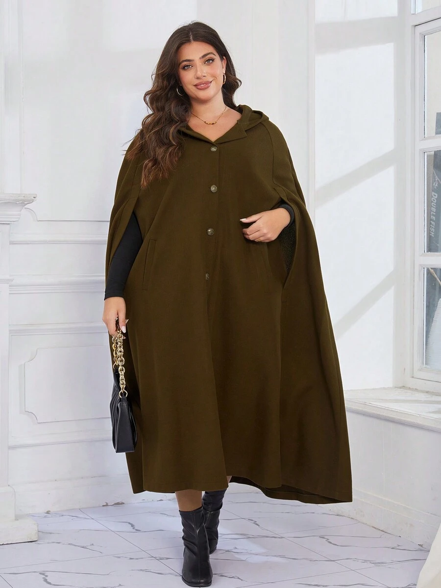 Mulvari 大码长款军绿色连帽派克大衣，冬季 - 軍綠色 - 查看 1