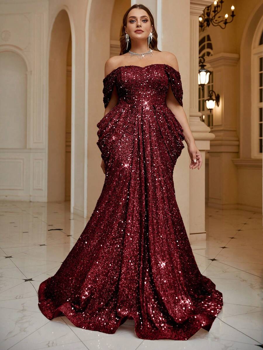 UNITHORSE Plus Size Off Shoulder Criss-Cross Backless High Waisted Ruched Mermaid Sequin Floor Length Prom Dress - Burgundy - View 1
