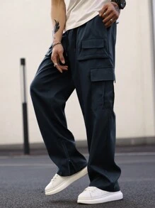 Claim Dot Loose Fit Men Solid Color Slant Pocket Cargo Pants - Navy Blue - View 5