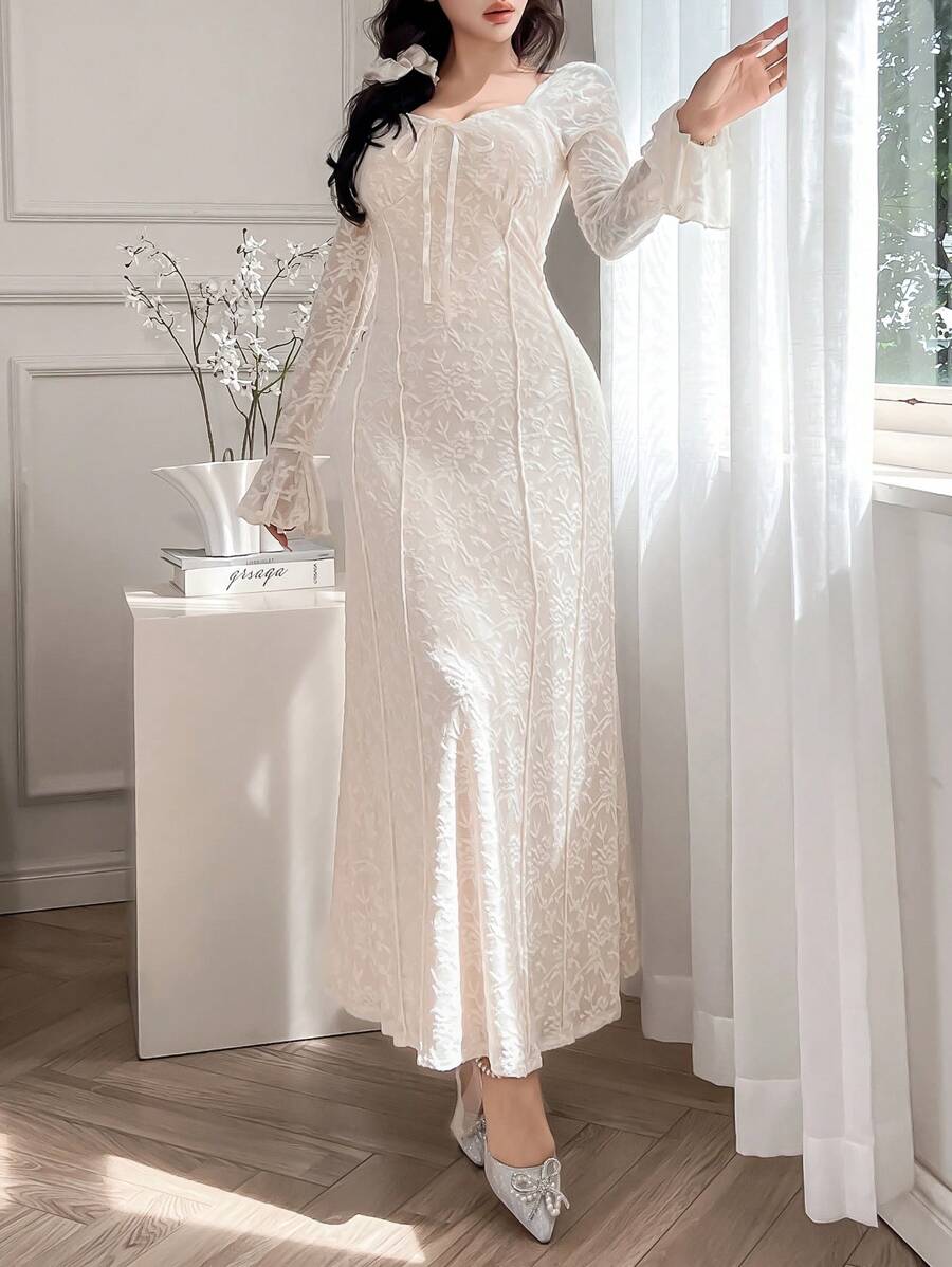 Feyla 女士优雅蕾丝长袖中长连衣裙长款晚礼服 - 米色 - 查看 1